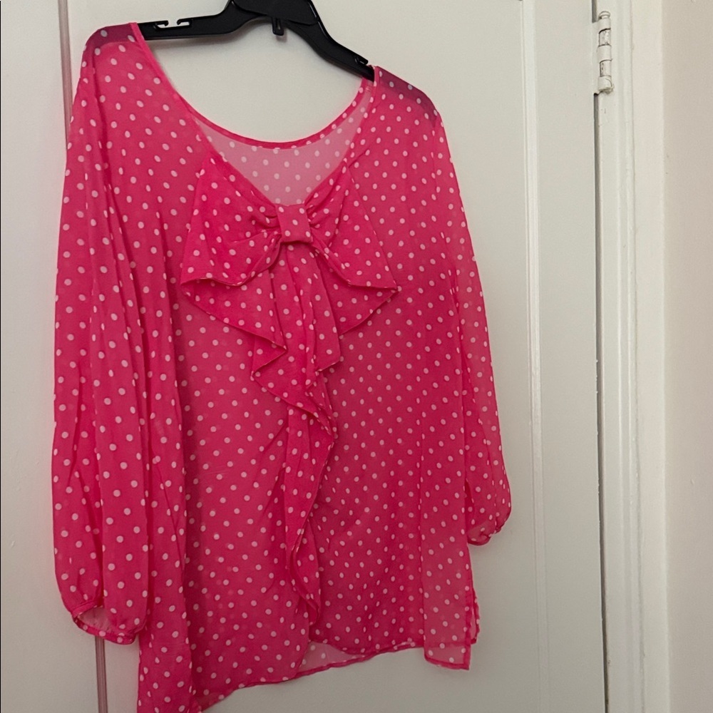 Pink Polka Dot Sheer Women's Top size; L - Picture 5 of 7